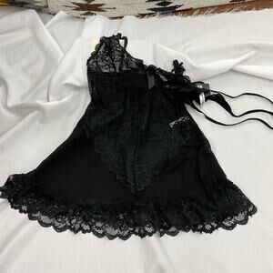 Oh La La Cheri Black Lace Spaghetti Straps Matching Thong Babydoll Lingerie L